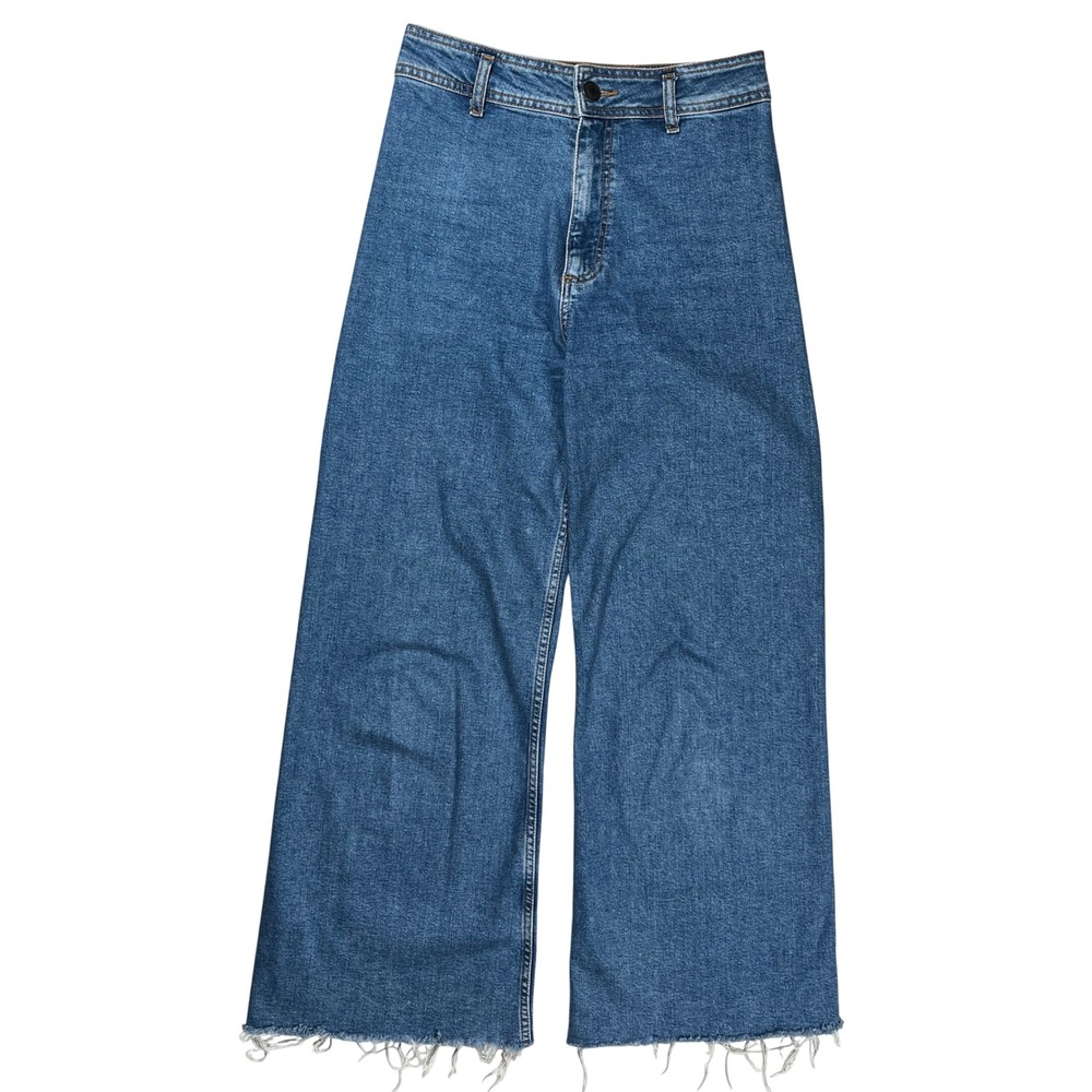 Zara Wide Leg Jeans Women 6 Blue High Rise Raw Hem Medium Wash Denim Boho Casual